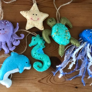 Felt Sealife Creature Decorations - Sea - Ocean - Dolphin - Seahorse - Turtle - Octopus - Jellyfish - Nursery - Starfish - Handmade