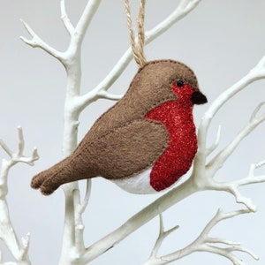 Handmade Felt Red Robin Christmas Decoration: Glitter Bird Ornament