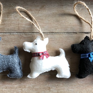 Scottie Dog Christmas Decoration - Ornament - Felt - Scottish Terrier - Westie - Hand sewn - Black - White - Grey - Tartan Bow - Highland