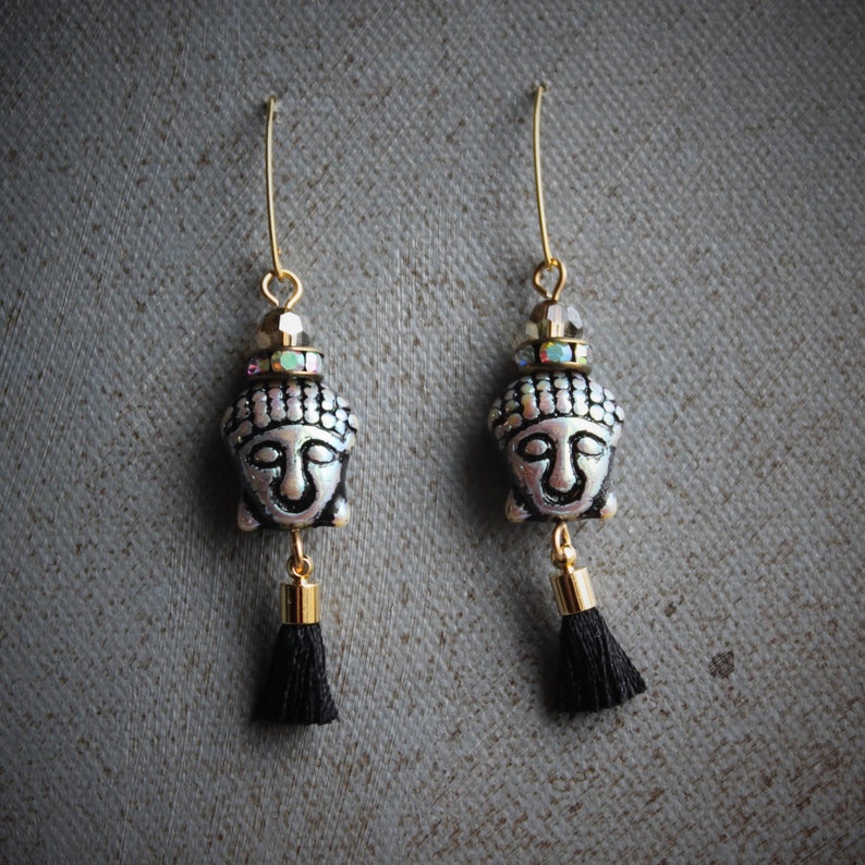Gold Boho Tassel Earrings Buddha Beaded Earrings Black and Gold Earrings Soulful Spirit Jewelry Bohemian Tassel Earrings