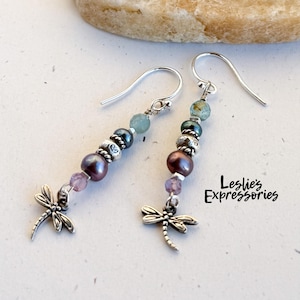Purple and teal dragonfly earrings, luxe pearl and sterling silver earrings, dragonfly jewelry, boho chic earrings, gift for her
