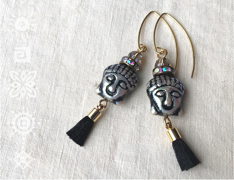 Gold Boho Tassel Earrings Buddha Beaded Earrings Black and Gold Earrings Soulful Spirit Jewelry Bohemian Tassel Earrings