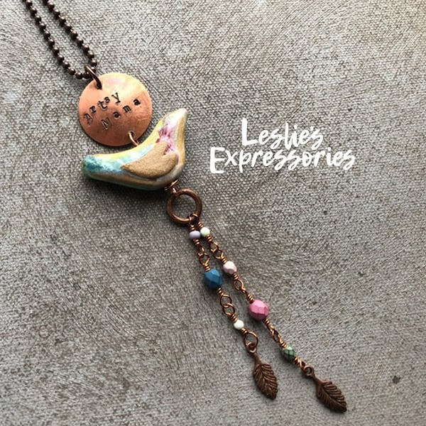 Long Boho Necklace, Artsy Mama Bird Necklace, Whimsical bird necklace, colorful artsy necklace, gift for mom