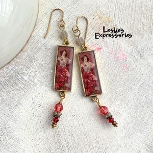 Alphonse Mucha "Ruby" earrings, Alphonse Mucha jewelry, art nouveau period jewelry, famous artist jewelry, long gold earrings
