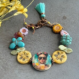 Bracelet Frida Kahlo - Pierre Cabochon Bleu - Ajustable élastique - Acier Inoxydable