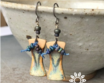 Ceramic blue boho earrings, earthy earrings, rustic earrings, niobium ear wires