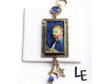 Van Gogh Necklace, Famous Art Necklace, Van Gogh Portrait pendant, Blue Beaded Necklace, Art History Jewelry