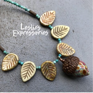 Lampwork Acorn Necklace: Turquoise Gemstone Czech Glass Leaf