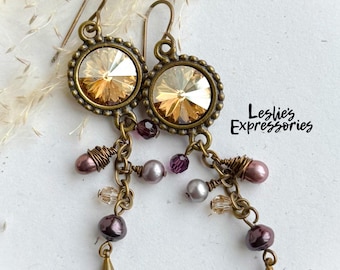 Boho Long Pearl Dangle Earrings, Berry dangles, Crystal and Pearl jewelry, Autumn Color Jewelry, Shabby chic jewelry,  Elegant Earrings
