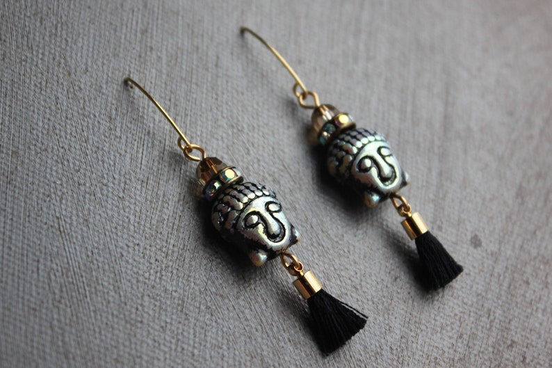 Gold Boho Tassel Earrings Buddha Beaded Earrings Black and Gold Earrings Soulful Spirit Jewelry Bohemian Tassel Earrings