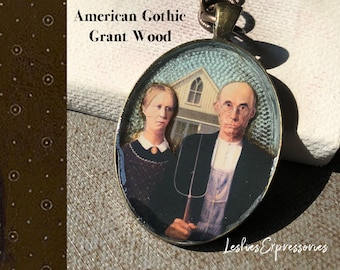 American Gothic Pendant, Grant Wood Famous Art Necklace, Rustic Art Pendant Necklace, Beaded Artisan Necklace, art history jewelry