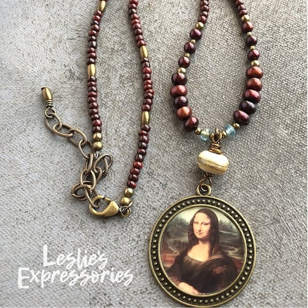 Collier Rembrandt Mona Lisa, bijoux de peinture célèbre, bijoux Mona Lisa, bijoux Léonard de Vinci, bijoux d'histoire de l'art