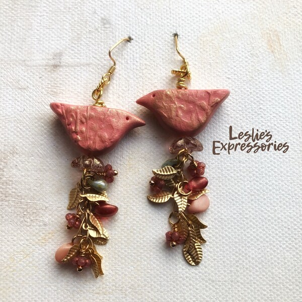 Sweet romantic pink and gold boho earrings, boho chic leaf chain earrings