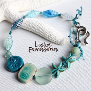 Aqua Blue Beaded Bracelet: Czech Glass Shells & Howlite Starfish