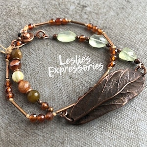 Copper Leaf Cuff Bracelet: Prehnite, Hessonite & Agate Gemstones