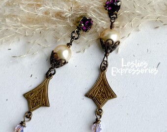 Romantic Pearl Dangle Earrings, Vintage Style Earrings, Romantic Jewelry, Swarovski Crystal Earrings, Art Nouveau style, wedding jewelry