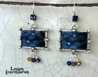 Monet Water Lilies Earrings: Blue Swarovski Crystals, Resin Art Jewelry