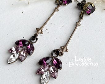 Romantic vintage long earrings, Vintage Purple Amethyst Ombre Austrian Rhinestone Leaf Charm Earrings
