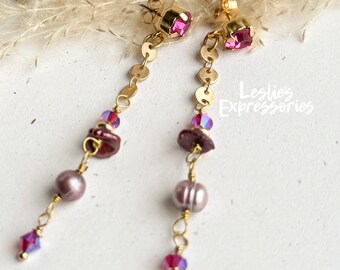 Long Boho Earrings, Plum and cranberry Earrings, Extra Long Elegant Earrings, shabby chic earrings, Rose post earrings, feminine earrings