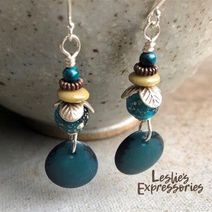 Teal Tagua nut earrings,  Ethnic Boho Earrings, Balsam green tagua nut earrings, Fair trade jewelry