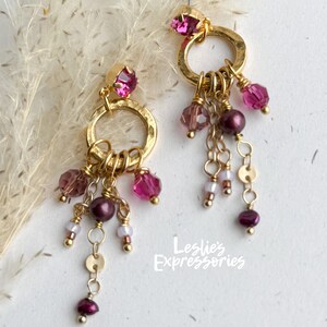 Crystals and pearls with gold in shades of purple earrings, Rose posts with crystal dangles, romantic bohemian style earrings