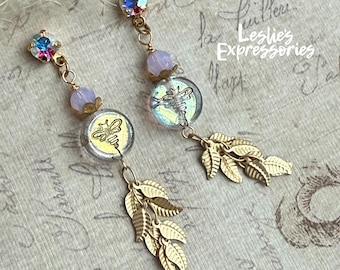 Shabby chic boho earrings, Crystal AB posts earrings, Gold bee boho long post earrings, bee jewelry, romantic bohemian style earrings