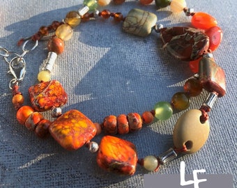 Orange Impression jasper Gemstone Bracelet, Agate and Jasper Bracelet, Natural Stone Bracelet, Leaf Jewelry, Sundance style, healing stones