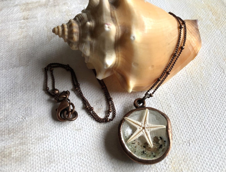 Sand and Starfish in a Shell Necklace, Copper Shell Necklace, Nature ...