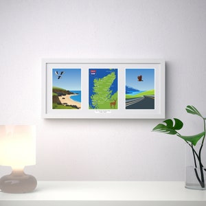 May include: A white framed print with three panels. The left panel shows a beach scene with birds. The centre panel is a map with the number 500. The right panel depicts a road and a bird. The print is displayed on a white wall.