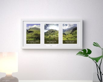 May include: A white framed print with three images of mountains. The images are labelled "Scafell Pike", "Snowdon", and "Ben Nevis".