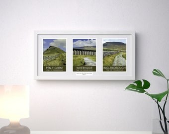 May include: A white framed print with three images of landscapes from the Yorkshire Dales. The images are titled "Pen-y-Ghent", "Whernside", and "Ingleborough".