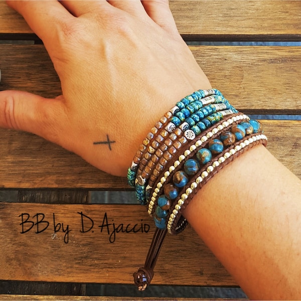 Wrap bracelet in Jasper pearls and leather. Wide cuff in natural pearls and Miyuki Picasso.Boho leather beaded wrap blue bracelet