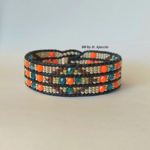 Multi-Row Wrap Bracelet in leather and Miyuki beads. Boho style cuff, Southwest orange, silver. Boho leather beaded wrap bracelet