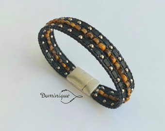 Bracelet en perles Oeil De Tigre pour homme. Bracelet multi-rangs en cuir et Half tila miyuki. Boho leather beaded bracelet Southwest