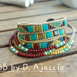 Bracelet wrap 4 tours, cuir doublé,perles de verre,rocailles miyuki.Manchette bohème turquoise, bordeaux picasso.Boho leather wrap bracelet image 6