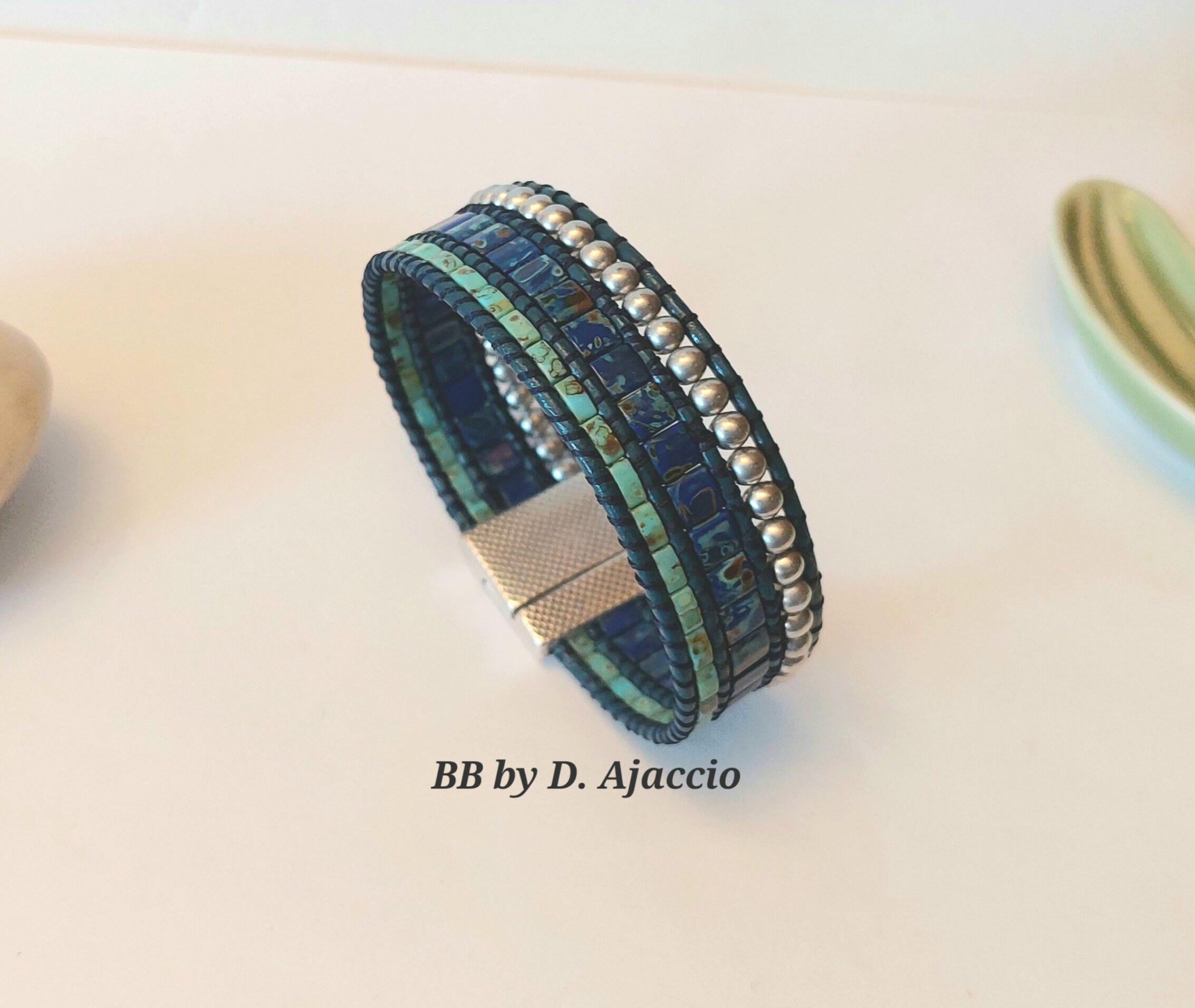 Turquoise Tila Bracelet Wrap, Picasso Cobalt. Multi-row Cuff