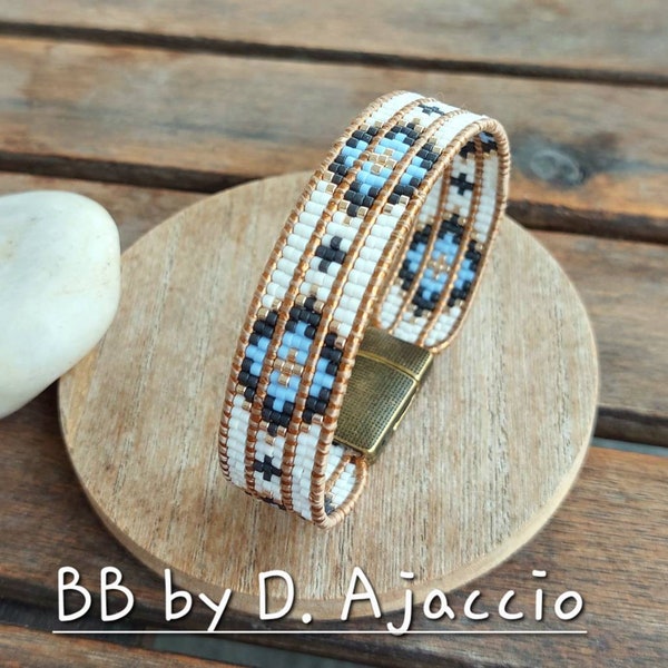 Miyuki pearl bracelet. Boho style leather cuff, Southwest. Boho leather wrap bracelet. Blue, gold bracelet and magnetic clasp