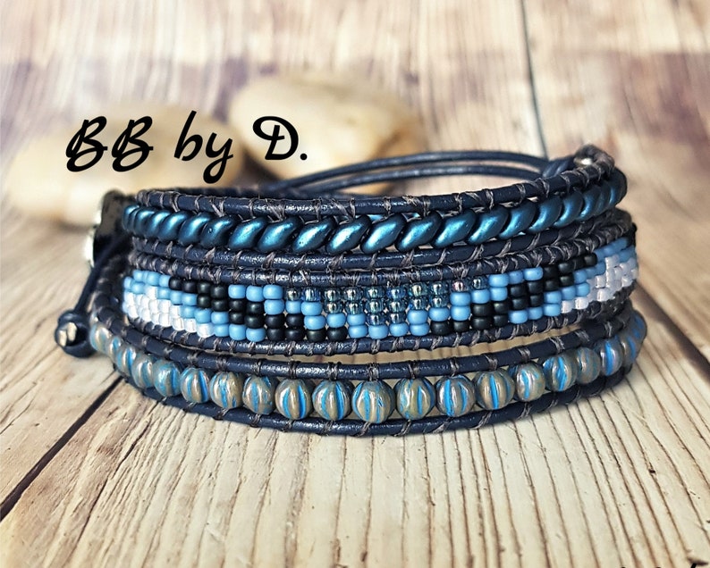 Boho leather beaded bracelet pearl beads Blue wide cuff in pearls Blue leather wrap bracelet miyuki beads superduo