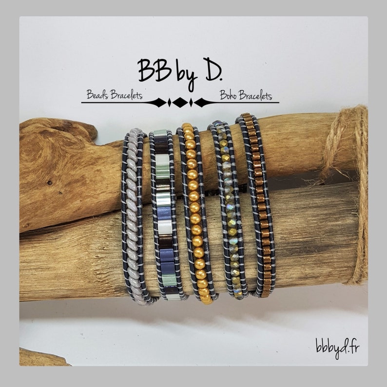 Glass beads and Leather Wrap bracelet Hippie boho Boho Leather Wrap Bracelet MULTISTRAND gray blue and gold cuff