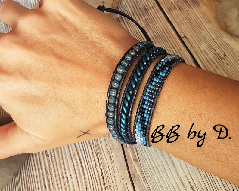 Boho leather beaded bracelet pearl beads Blue wide cuff in pearls Blue leather wrap bracelet miyuki beads superduo