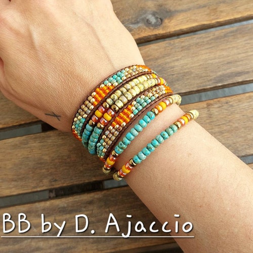 Wrap strap in leather orders and pearls Miyuki Picasso turquoise, orange. Boo cuff in pearls. Boho leather beaded bracelet Southwest Style