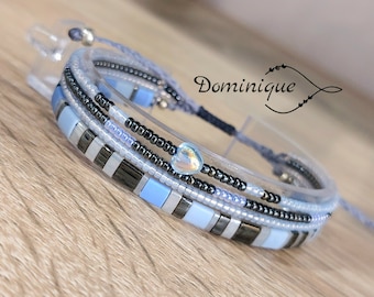 Miyuki beaded heart bracelet for women. Triple adjustable bracelet in Japanese Tila beads. Blue, gray beaded bracelet