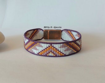 Bracelet amérindien en perles Miyuki. Bracelet en cuir style Southwest. Boho leather wrap bracelet, mauve, orange, fermoir magnétique