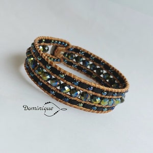 Black boho bracelet in beads and leather. Sparkly bohochic bracelet. Half Tila multi-row bracelet. Boho leather beaded wrap bracelet