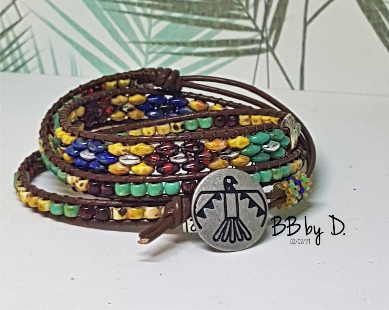 Cuff Bracelet in Picasso glass beads Bracelet Wrap Picasso leather Picasso SuperDuos and seed beads Boho leather wrap bracelet made in France