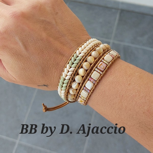 Bracelet wrap en perles de Nacre. Manchette bohème pour femme. Boho leather beaded wrap bracelet. Manchette Southwest en perles et cuir.