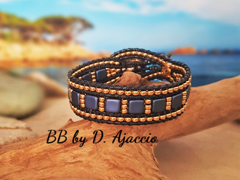 Tile beads and miyuki boho style Multi-row wrap bracelet in leather and Miyuki pearls gilded in fine gold 24kt blue and gold