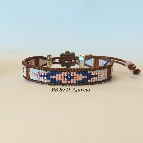 Miyuki beaded woven bracelet. Fine leather strap and woven beads. Boho leather beaded wrap bracelet. Ethnic style, Southwest.