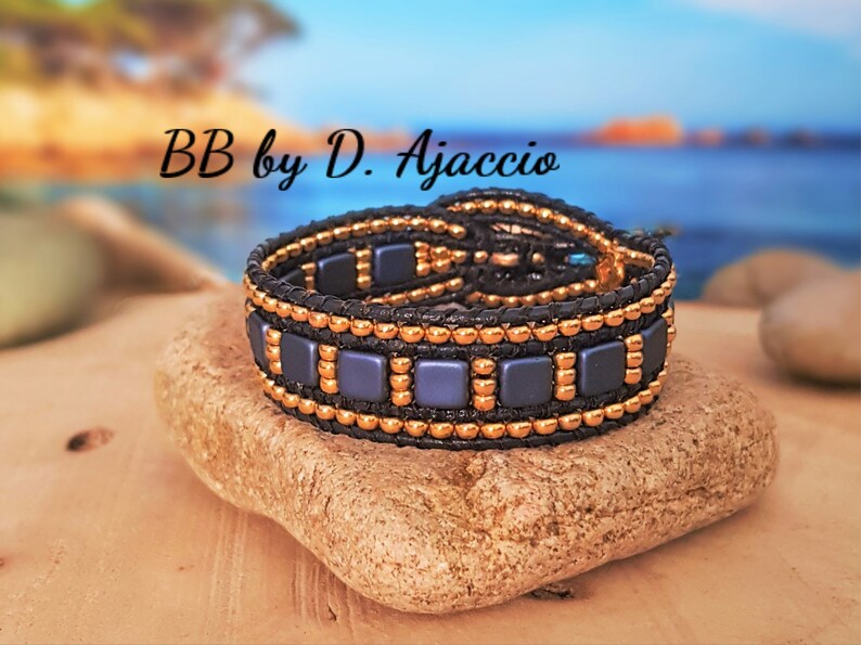 Tile beads and miyuki boho style Multi-row wrap bracelet in leather and Miyuki pearls gilded in fine gold 24kt blue and gold