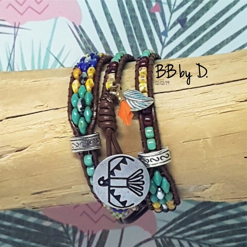 Cuff Bracelet in Picasso glass beads Bracelet Wrap Picasso leather Picasso SuperDuos and seed beads Boho leather wrap bracelet made in France